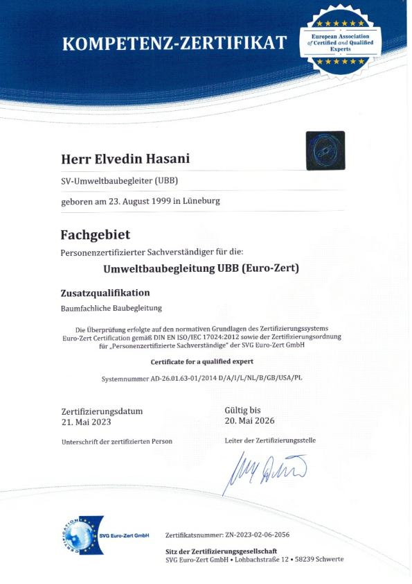 Zertifikat Umweltbaubegleitung UBB Elvedin Hasani