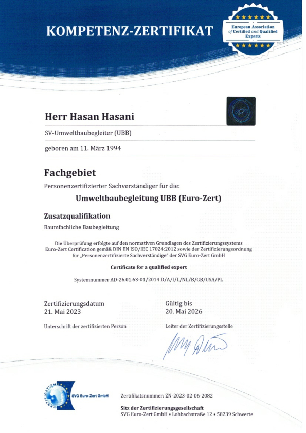 Zertifikat Umweltbaubegleitung Hasan Hasani